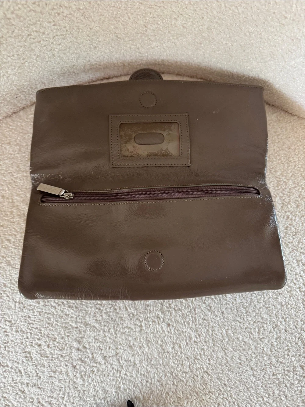 HOBO Brown Leather Fold-Over Clutch with Silver Ring Accent
